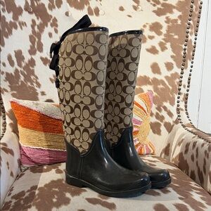 Coach Brown Signature Monogram Tall Rain Boots with Black Trim
